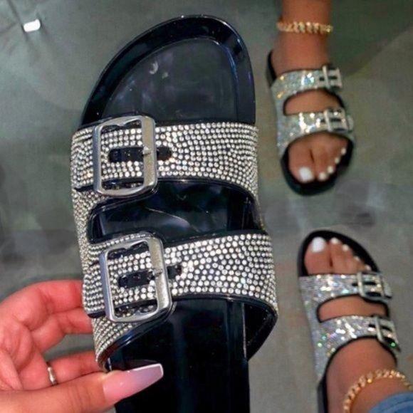 Embellished Double Buckle Jelly Sandals in Black - Picture 2 of 3